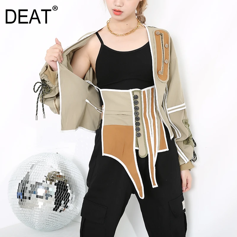 

DEAT new color square collar sleeveless vest V-neck and contrast colors spliced waist jacket two pieces set WN67901