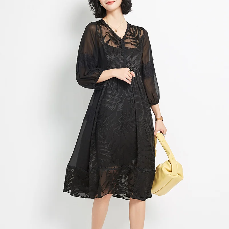 

Женское жаккардовое платье, однотонное черное элегантное вечернее платье из шелка тутового шелкопряда с длинным рукавом и V-образным вырез...