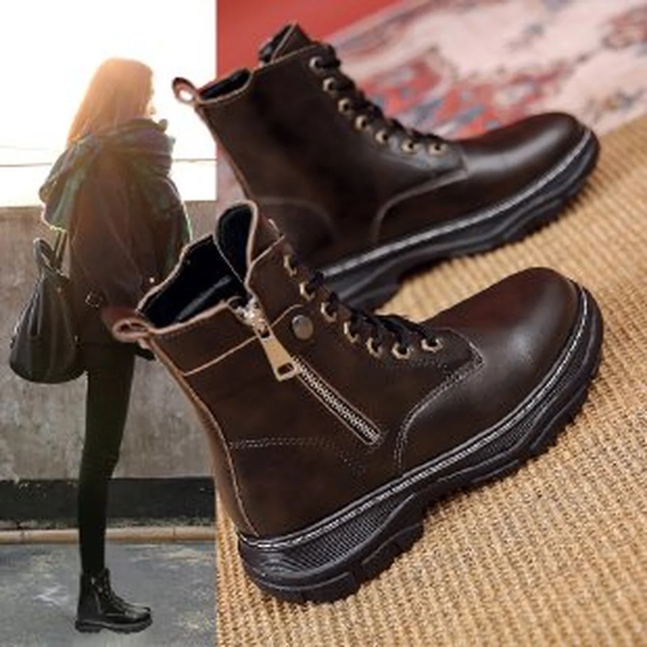 

Ботинки мартинсы женские осенне-зимние 2021 новые ботинки на толстой подошве с боковой молнией модная женская повседневная черная обувь