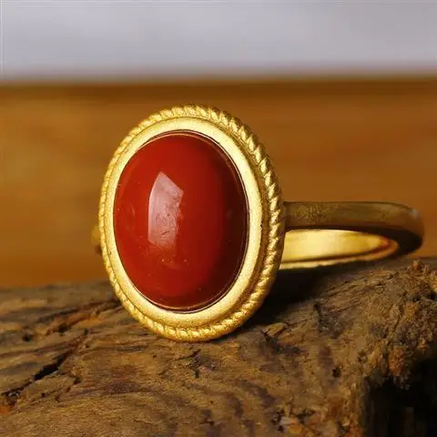 

Natural South Red Full Color Full Meat and Eggs Face Ring Hong Kong Ancient Gold S925 Sterling Silver Birth Year Hemp Lace Femal