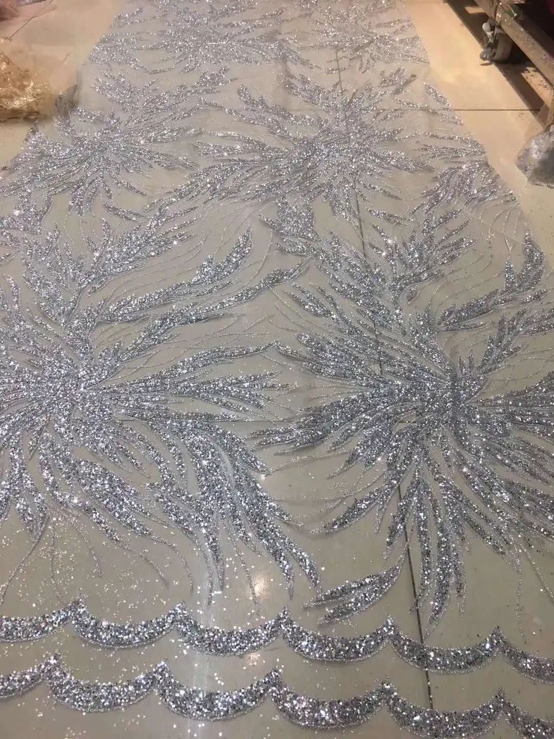 

New Fashion Gold sequins lace fabric Glitter French tulle lace fabric for dress 5yards/lot