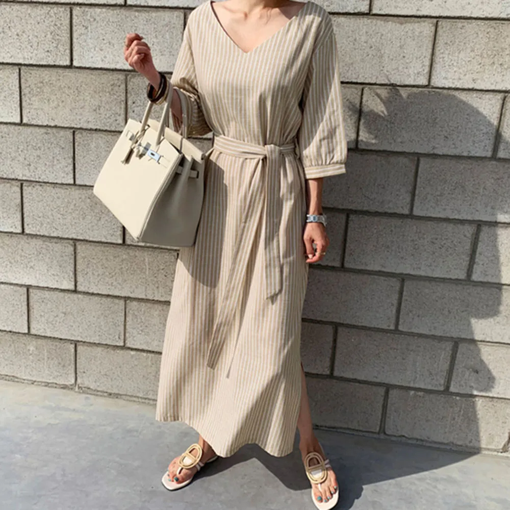 

2021 Japanese Style Fashion Casual Women's Dress Summer New Temperament Elegant Simple Stripe Loose V-neck Split Fork