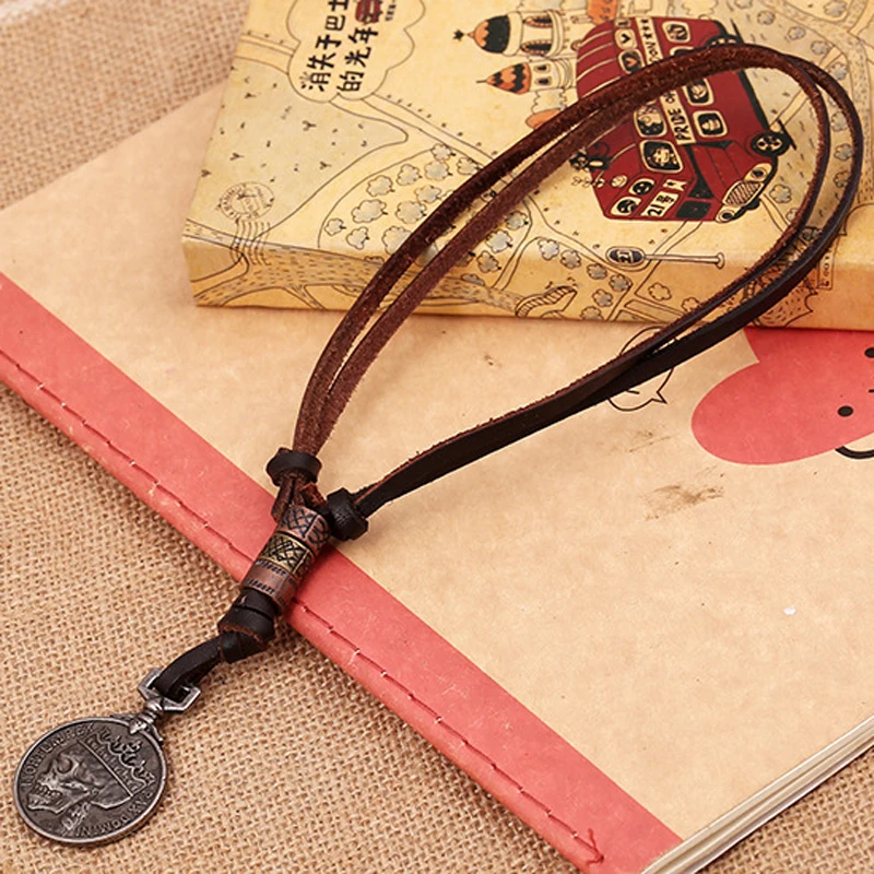 Skull Necklaces Jewelry Men Fashion Round Leather Pendant Retro Gold Coin Vintage Gladiator Style Necklace Unisex New | Украшения и