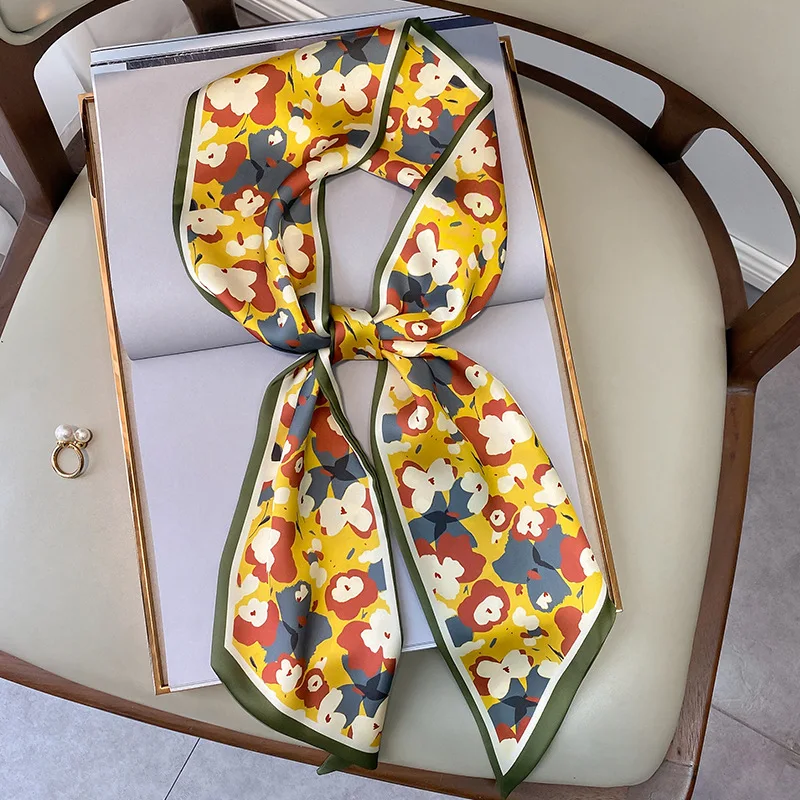 

2021 Fashion Floral Print Silk Scarf For Women Narrow Long Wrist Small Ribbon Hair Band Scarves Female