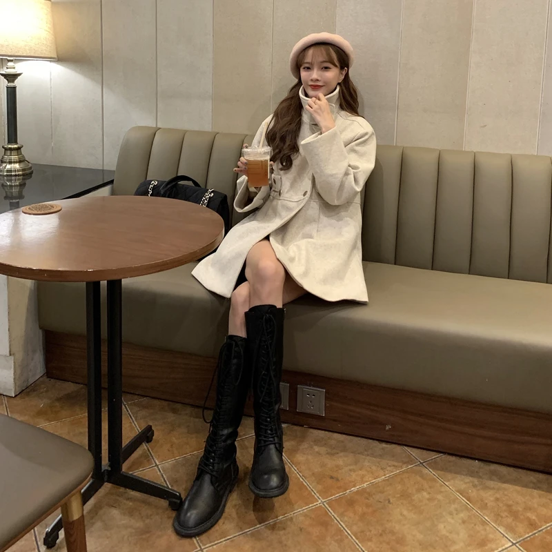 

Women's Thick Elegant Solid Woolen Coat Turn-Down Collar Full Sleeve Mid Long Outwear Double Breasted Ladies Winter Coats