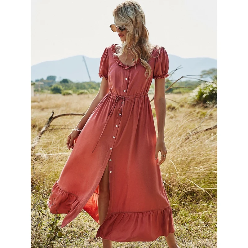 

Summer Dress Solid Color Puff Sleeve Buttons Long Dresses for Women Casual O Neck Ruffle Slit Clothes