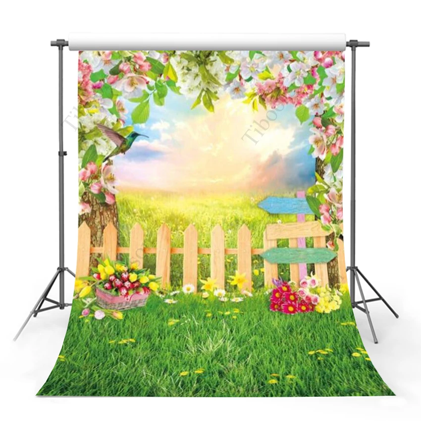 

Spring Happy Easter Photography Backdrop Easter Wooden Fence Flowers Lawn Road Sign Background Kids Portrait Party Decoration