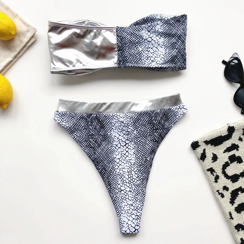 

Bandeau silver bikini 2020 Sexy snake print swimsuit female Strapless swimwear women High waist bikini set bathing suit new