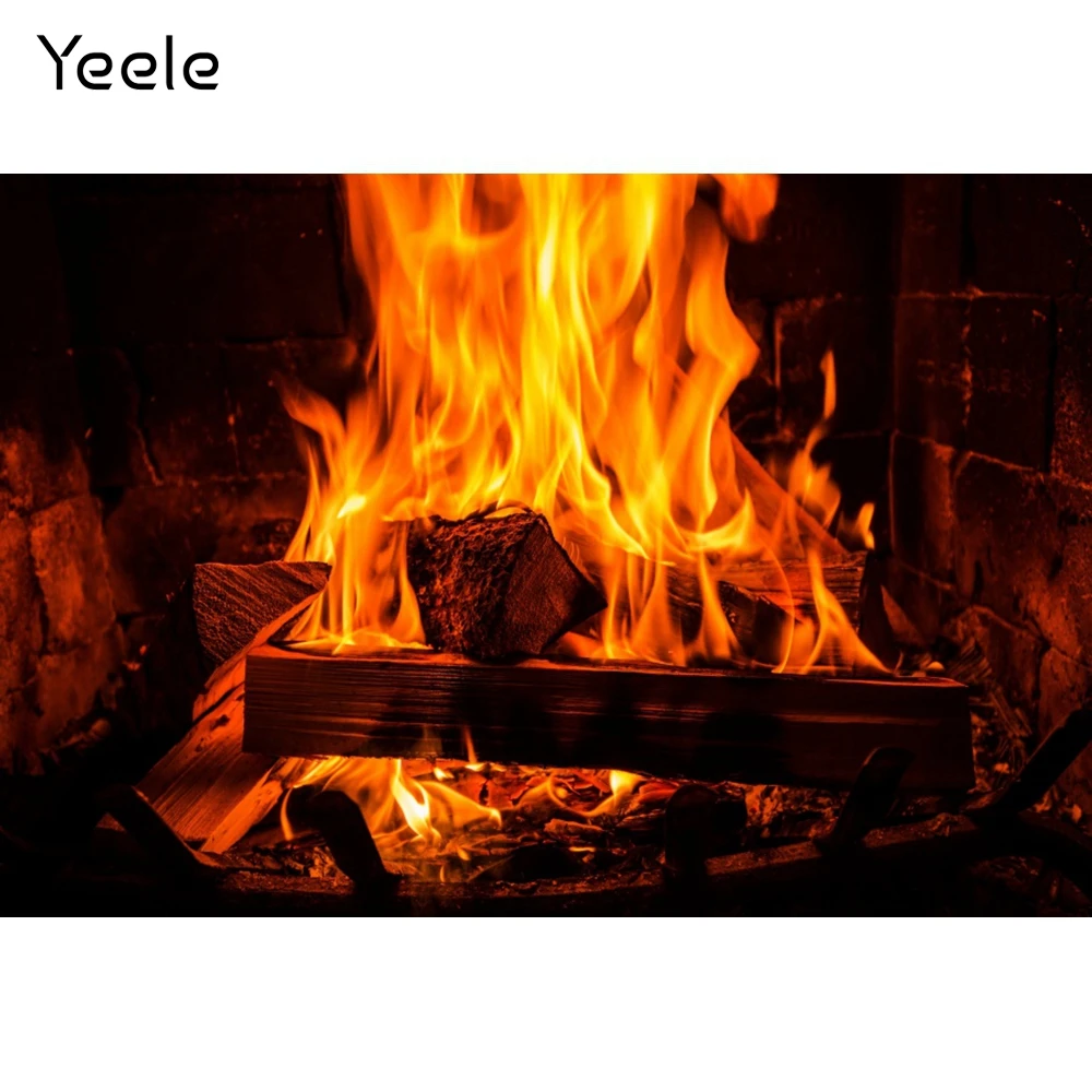 Фон для фотосъемки с изображением черного кирпича камина огней и дров