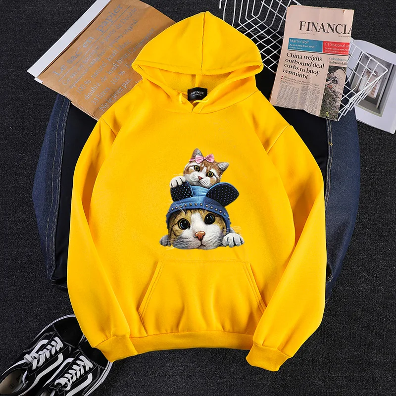 

Autumn And Winter New Japan Korean Loose Harajuku Style Sweatshirt Kawaii Wear A Hat Cats Print Pattern Fleece Women Hoodies