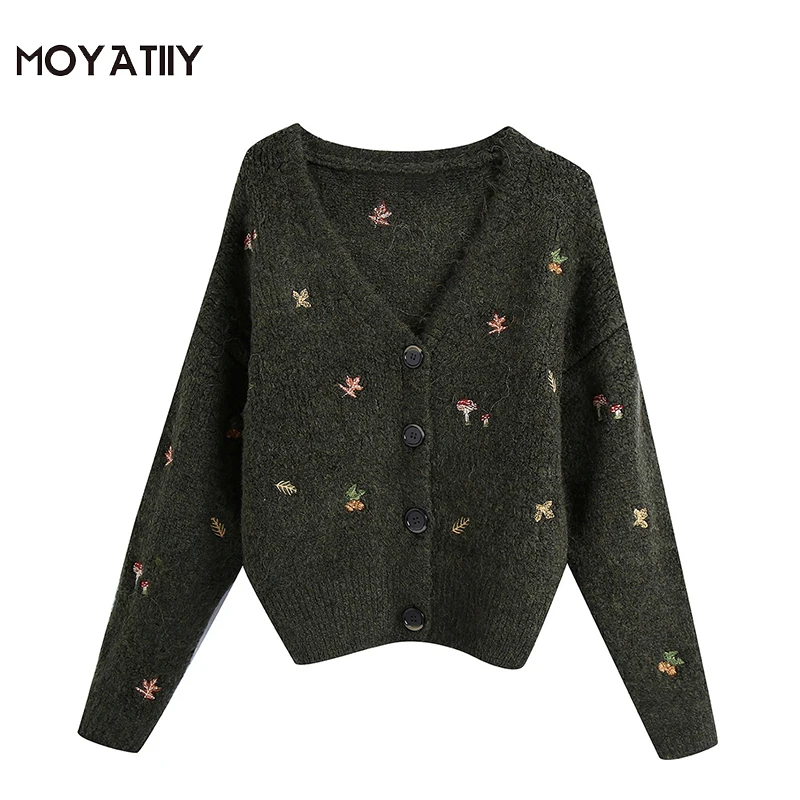 

MOYATIIY Women 2021 Fashion Thick Warm Winter Cardigan Sweater Vintage Embroidery Cartoon Pattern Cardigans Female Tops Outwear