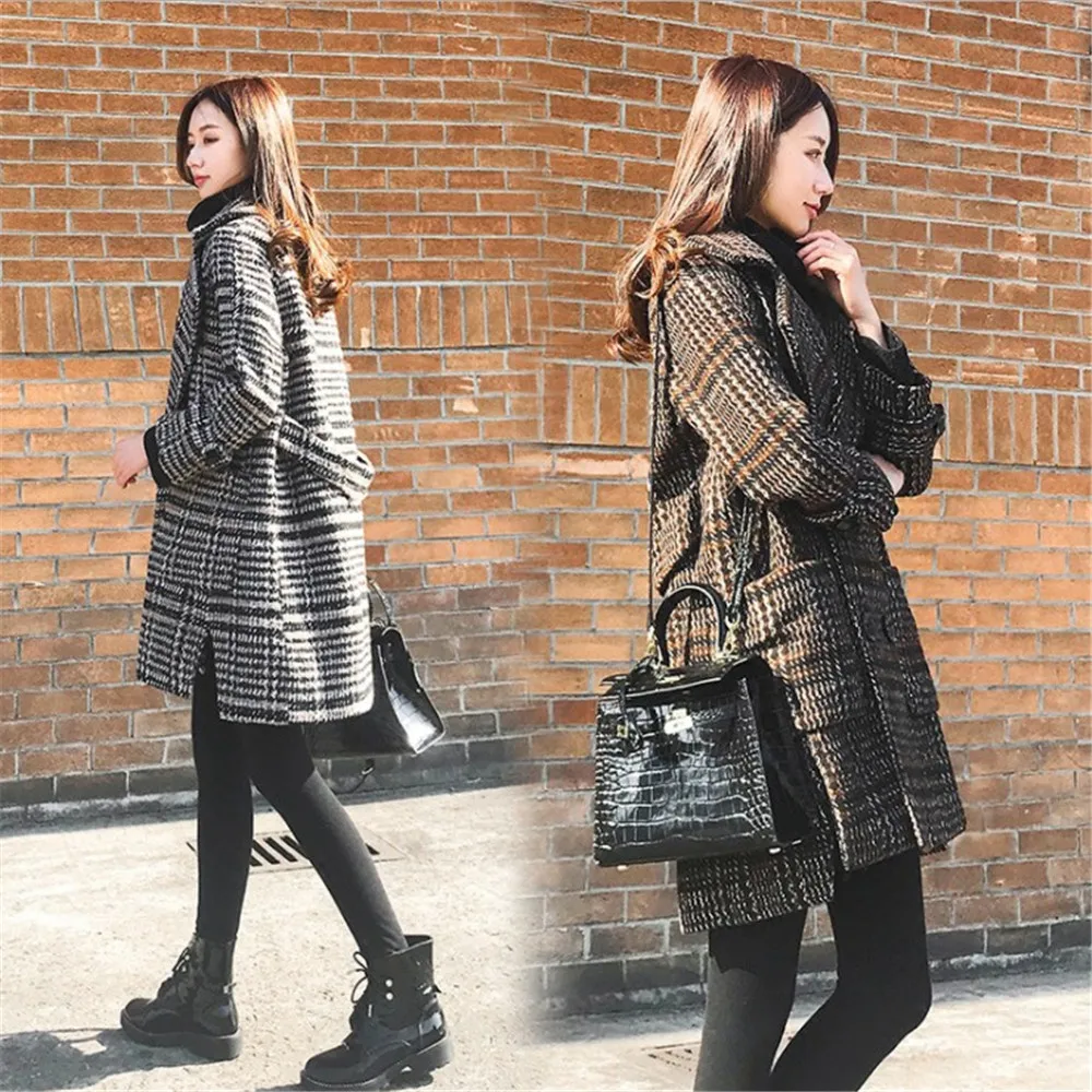 Зимнее женское пальто 2019 женские теплые клетчатые шерстяные с отложным