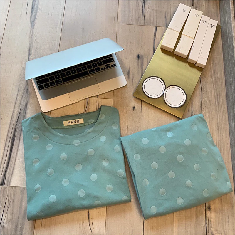 

Fall Winter Home Service Suit 2021 New Two Piece Set Loose Outfits Pajamas Polka Dot Stars Print Kawaii Pyjama Femme