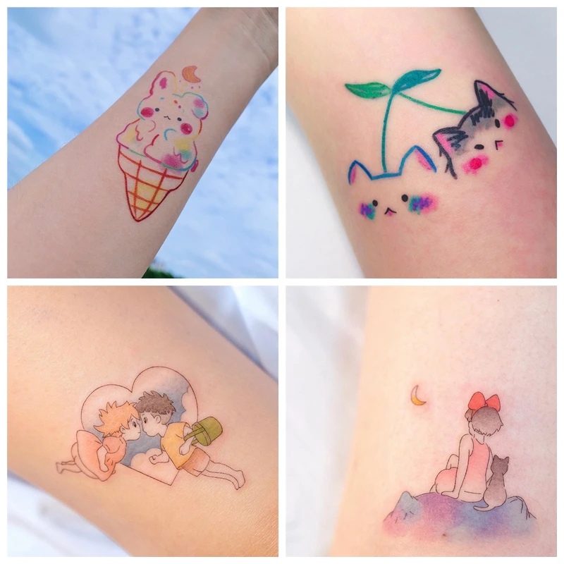 

4 листа водонепроницаемых временных татуировок, наклейки, милое мороженое, кролик, кошка, боди-арт, девочка, мальчик, сердце, талия, имитация ...