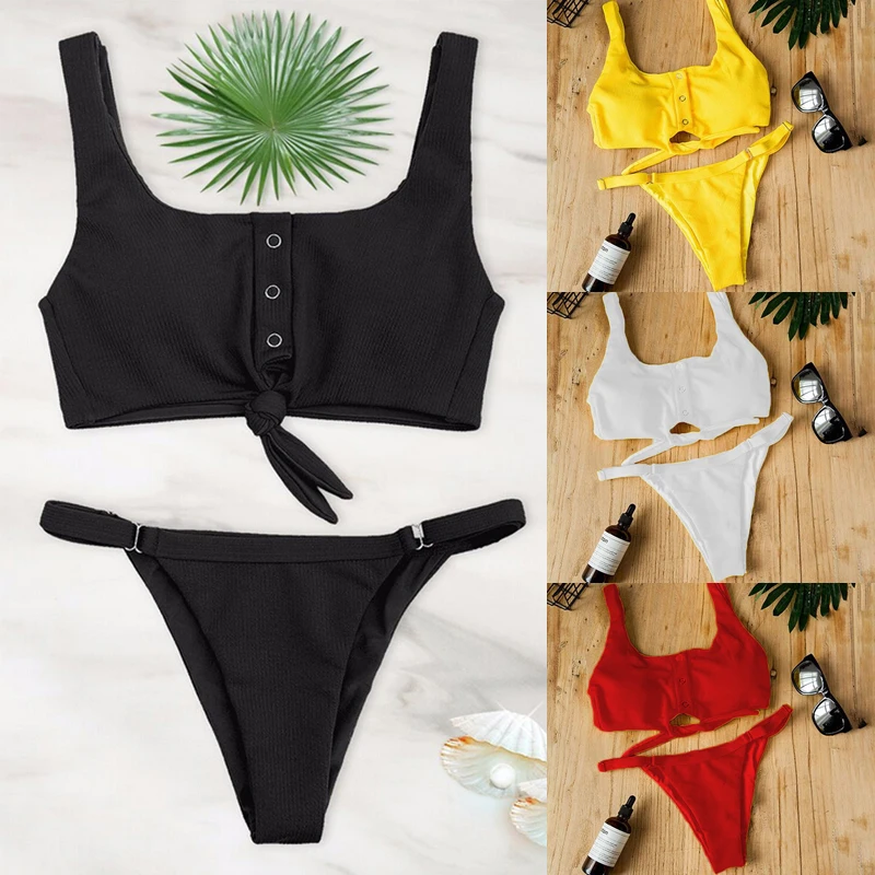 Соблазнительный Женский комплект бикини однотонное желтое черное красное белое