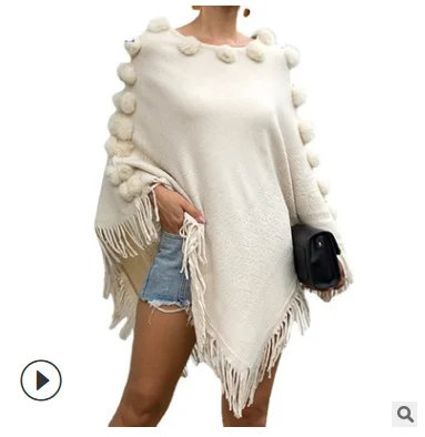 

2021 autumn and winter European and American style fringed cloak shawl hair ball round neck pullover solid color sweater women