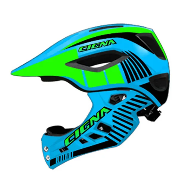 Sky Blue with green Детский велосипедный шлем с задним светом с полным лицом Съемный Детский шлем MTB горный велосипед шлем Спортивная безопасность Capacete Ciclismo - Цвет: Sky Blue with green