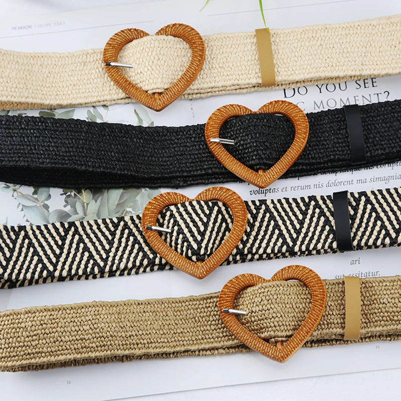 

Women Belt Straw Wood Buckle Elastic Belt Heart Design Wide Belt Female Woven Vintage Carved Decoration Dress Shirt Waist Belts