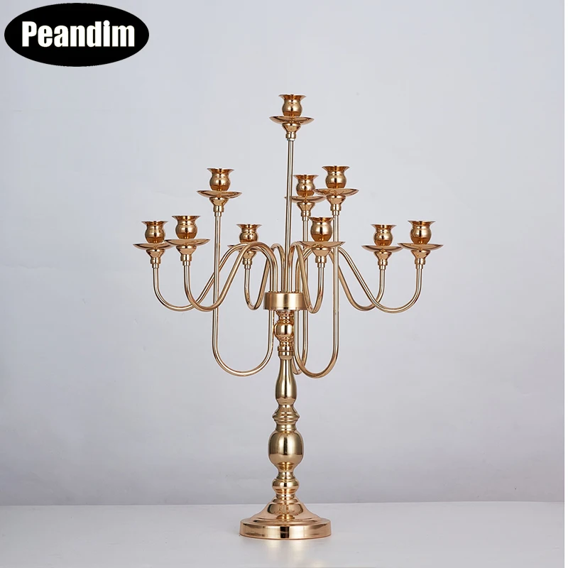 Канделябр с 10 насадками Золотой металлический подсвечник центральный свадебный