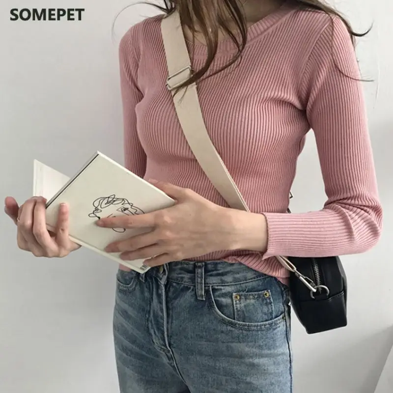 

Женский трикотажный свитер, черный и белый тонкий пуловер в Корейском стиле, Осень-зима 2020