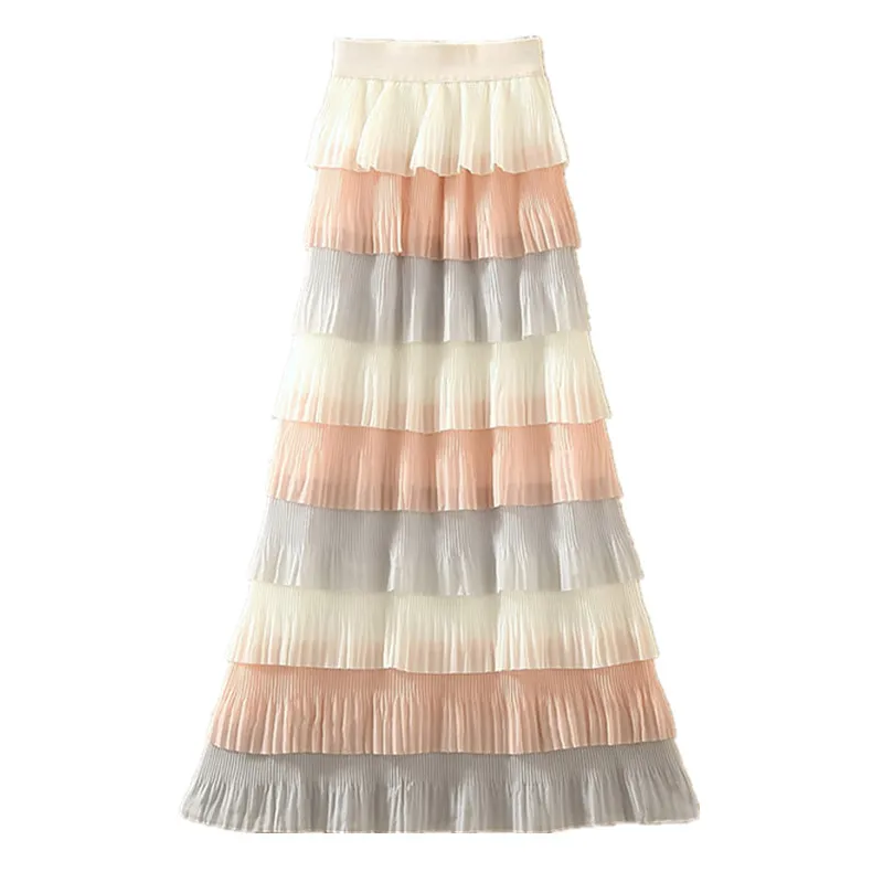 

winter 2019 new multi-layer cake skirt high waist color layer by layer pleated skirt Chiffon medium length skirt women