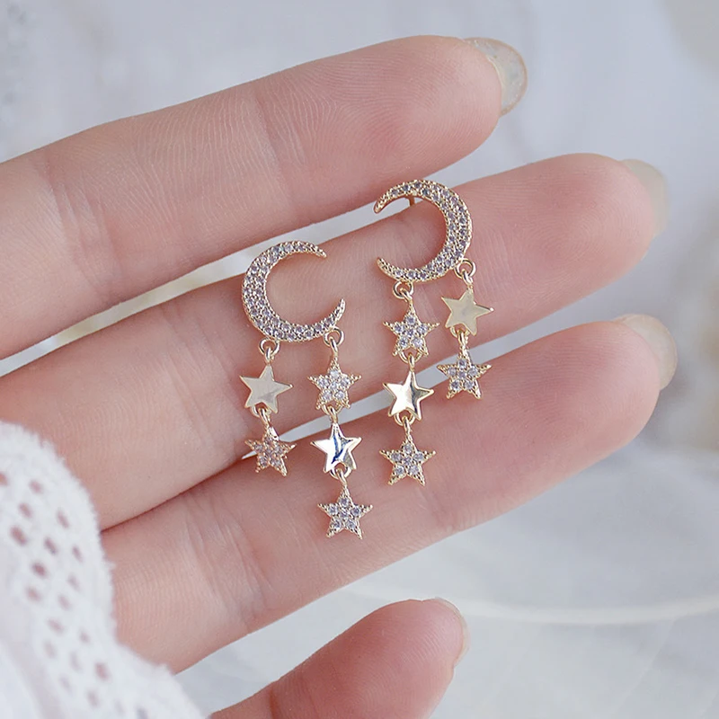 

Женские позолоченные серьги-гвоздики, серьги в виде Луны с блестящим цирконием, 14 к