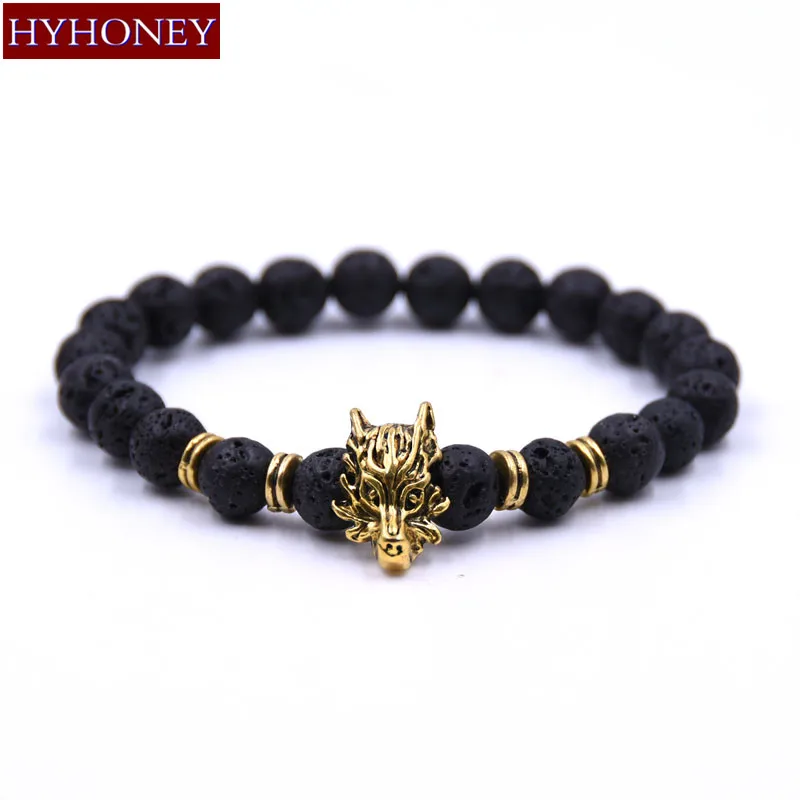 HYHONEY 8 мм натуральный камень черные бусины лавы чакра браслеты bijoux бронза голова