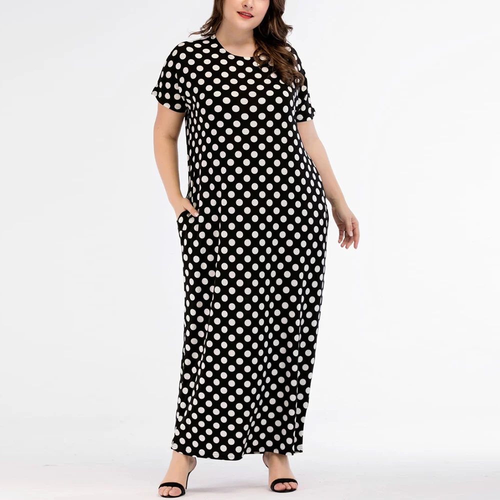 Женское длинное платье в горошек с круглым вырезом и коротким рукавом|women bodycon