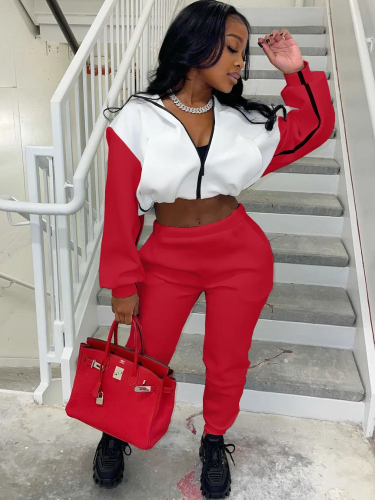 

2021 Winter Casual Sports Women 2 Piece Tracksuits Patchwork Short Hoodies And Pencil Pants Matching Set Fitenss Joggers Outfits