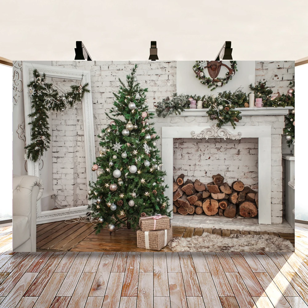 

Фон с колокольчиком Рождественская елка рядом с камином Рождественская семейная вечеринка украшение для комнаты фон для фотостудии