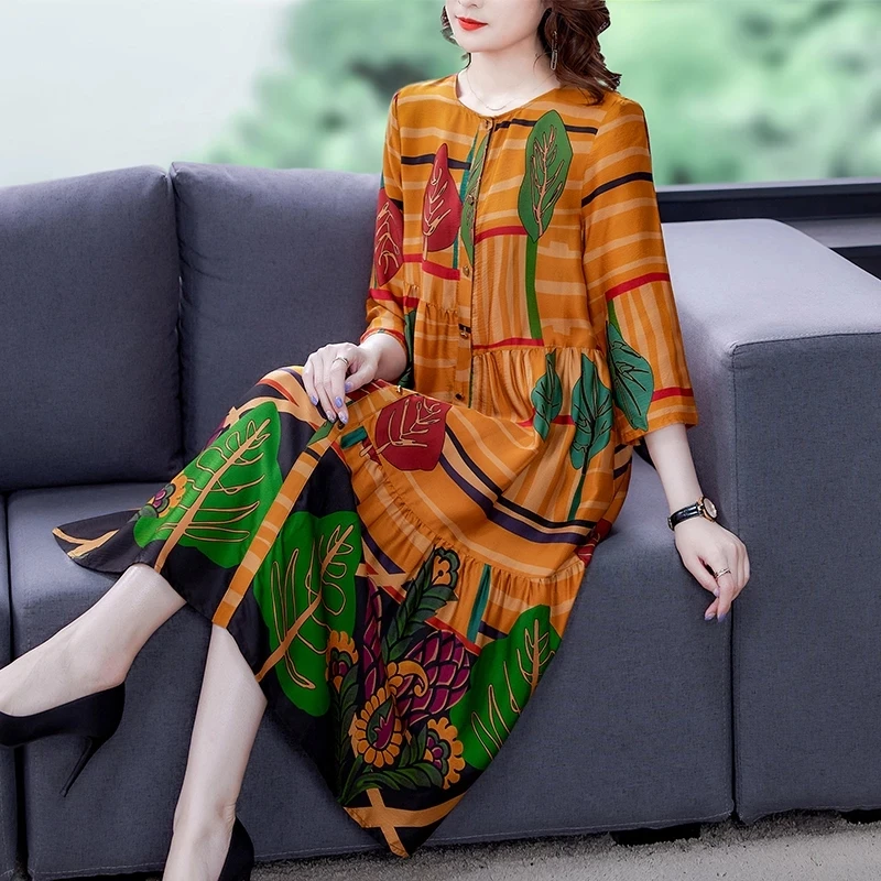 

2021 Spring Summer Casual Loose Mulberry Silk Dress Women Vintage Print M-4XL Plus Size Midi Dress Elegant Party Vestidos