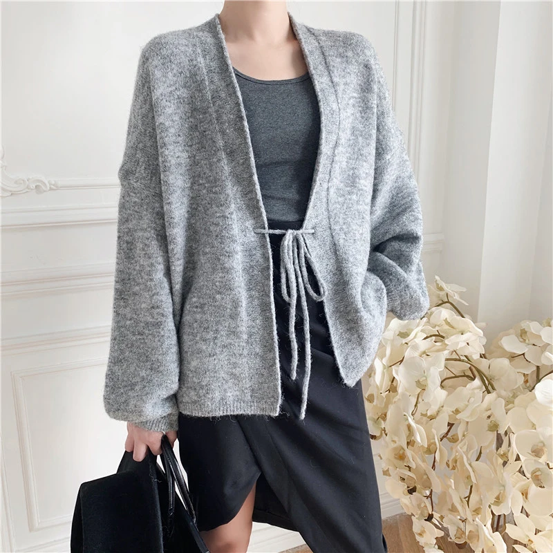 

Big Size Bandage Knitting Cardigan Sweater Loose Fit V-Neck Long Sleeve Women New Fashion Tide Autumn Winter 2021 1DD0788