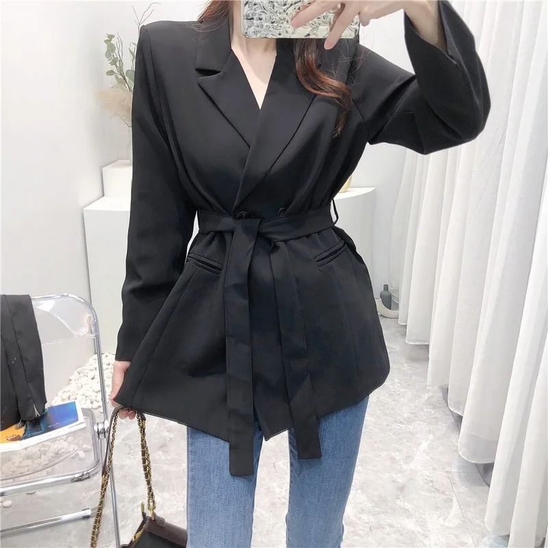 

Korejepo Women Blazer 2021 Autumn New Korean Style Temperament Simple Suit Collar Belt Slim Mid-length Long-sleeved Suit Jacket