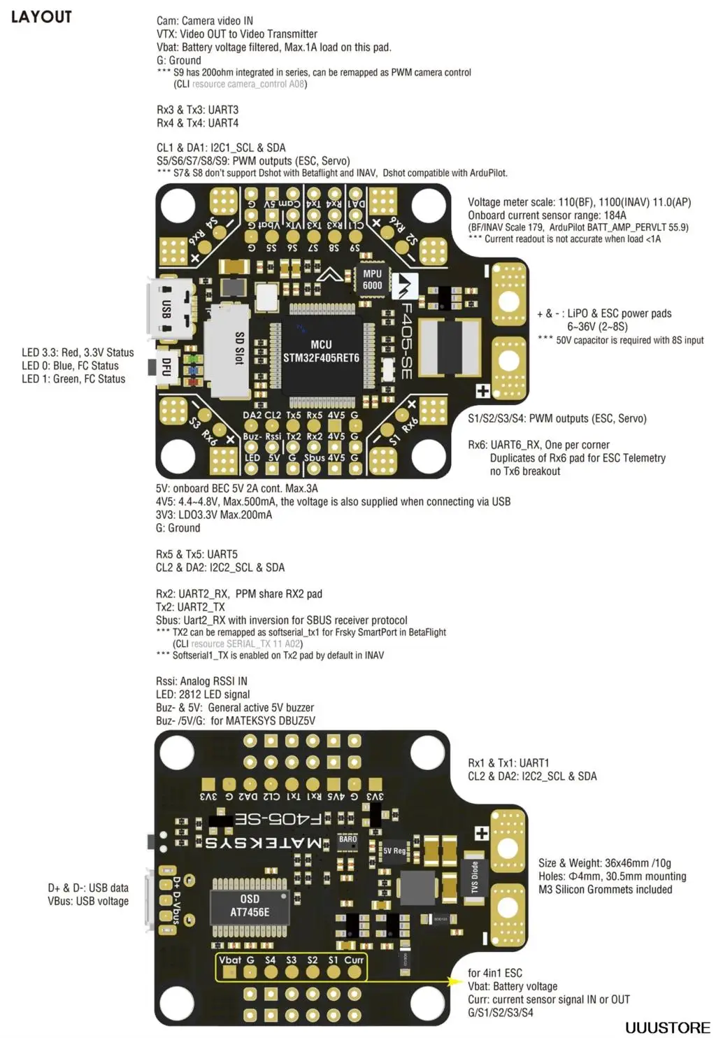 Matek Systems F405 CTR система управления полетом встроенный PDB OSD 5V/2A BEC ток Сенсор для