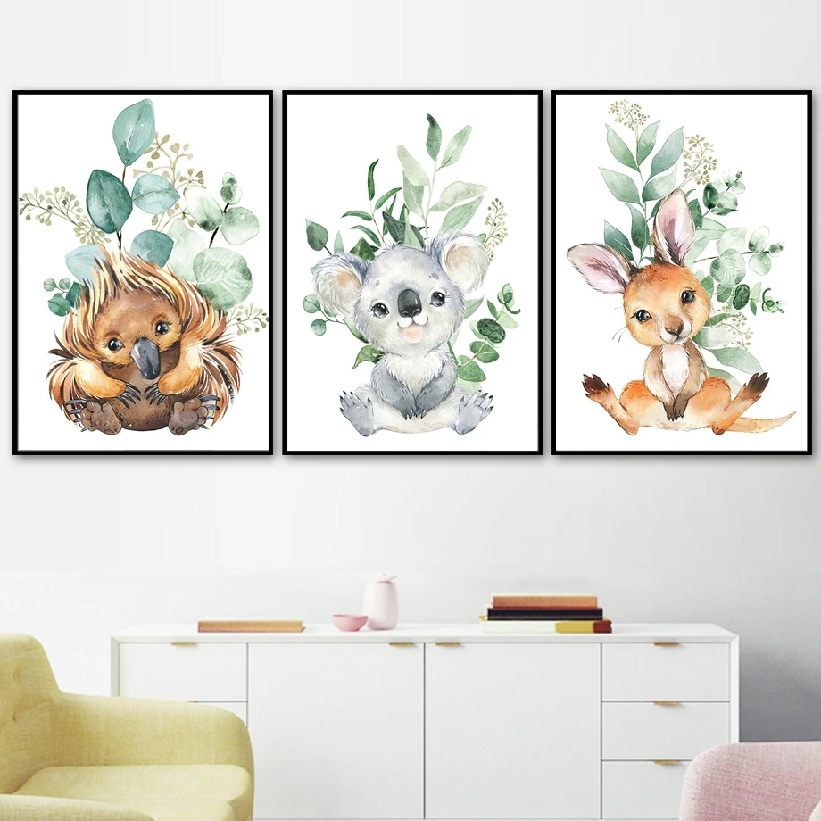 Koala Deer Duck Leaf Nursery Wall Art Canvas Painting Cartoon Nordic Posters And Prints Pictures Girl Boy Kids Room Decor | Дом и сад