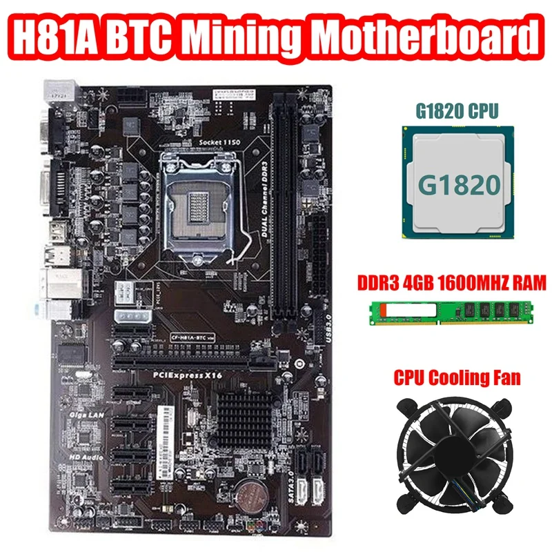 

H81A BTC Mining Motherboard+G1820 CPU+Cooling Fan+DDR3 4G 1600MHZ RAM LGA1150 6 Graphics Card Slot H81 Pro Motherboard