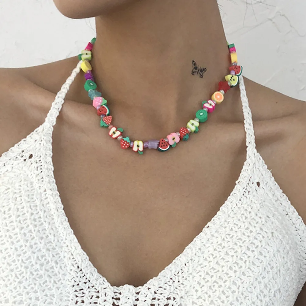 

Bohemian Ethnic Multicolor Random Resin Fruit Pendant Necklace For Women Girls Soft Clay Beads Choker Collares Necklace