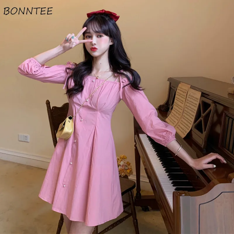 

Long Sleeve Dress Women Bow Off-shoulder Solid Pink Mini Sweet Sexy Party Evening Korean Style Fashion Slim Streetwear Leisure