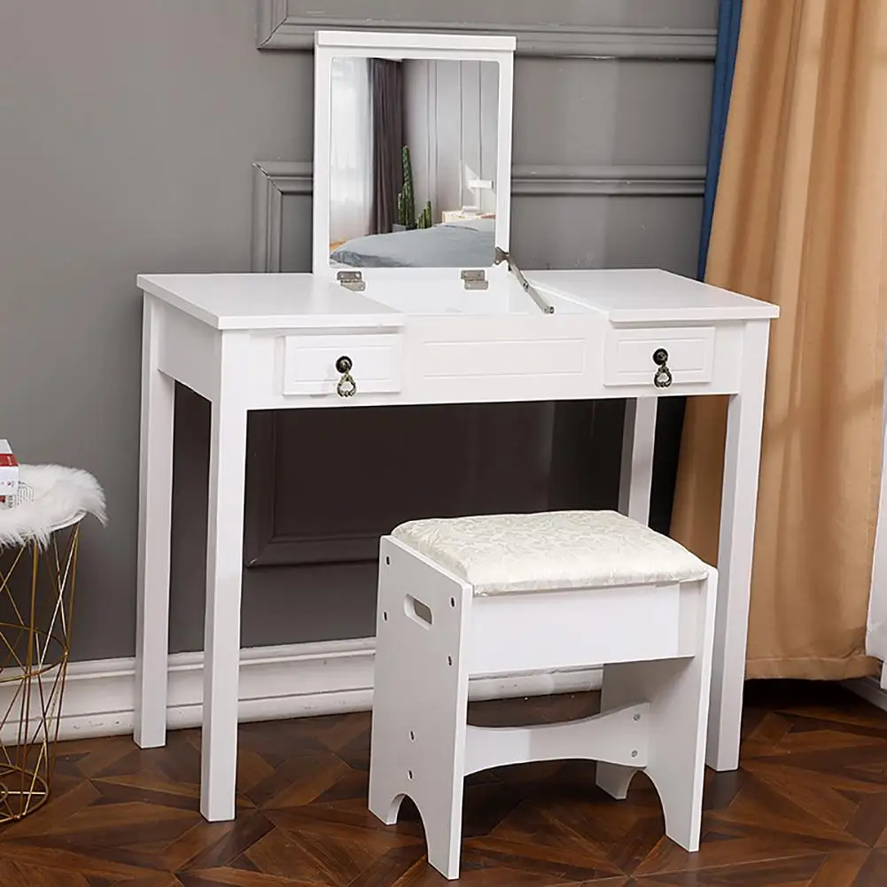 

(FCH) Flip Single Mirror Double Drawers Straight Feet Dresser White Color
