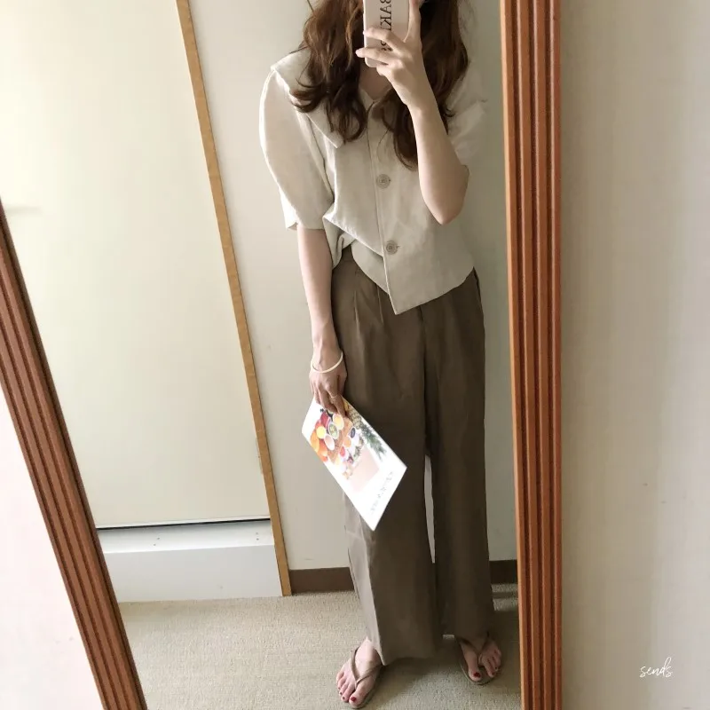 

Doll Collar Solid Shirt Summer Vintage Loose All-match Puff Sleeve Short Women Tops Fashion Sweet Style