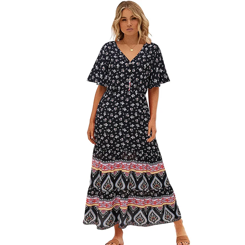 

Donsignet New Fashion Summer Women for Dress Printed V-neck Short-sleeved Knitted Dress Holiday Elegant Dress Woman Dress