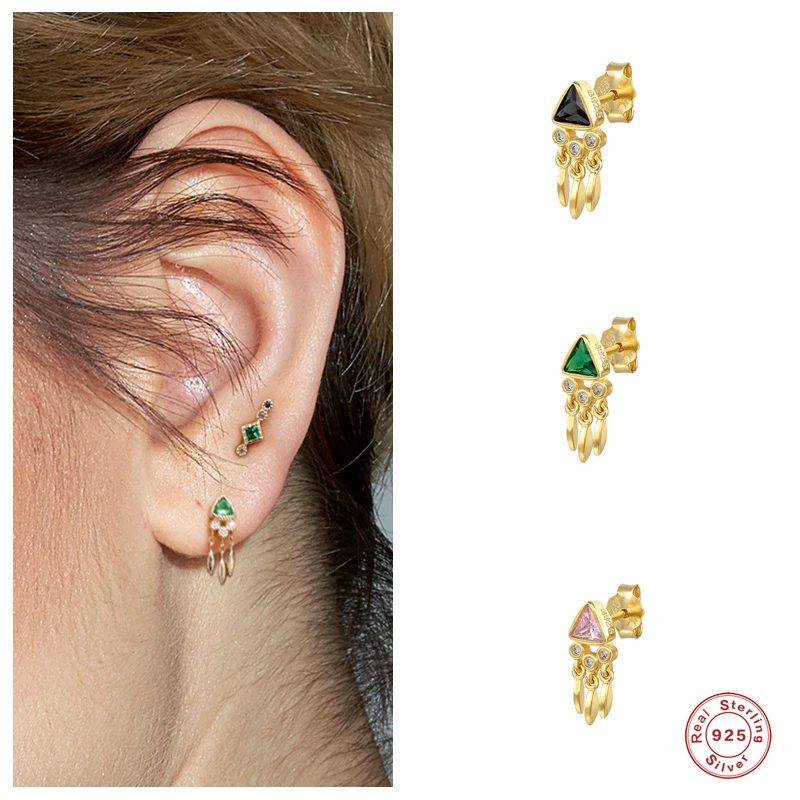 

BOAKO 925 Sterling Silver Colorful Triangle Zircon Stud Earrings For Women Small Oval Discs Pendant Geometric Ear Stud Jewelry