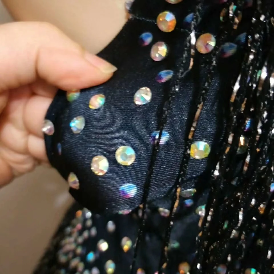 

Black Tassels Multicolor Crystals Women Slim Jumpsuits Nightclub Dance Female Sexy Catsuits Women's Halter Sleeveless Costumes