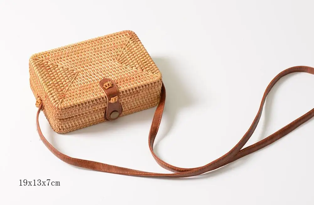 Tan B 19x13x7cm Солнечный пляж, ручные тканые сумки, круглая сумка с пряжкой, Ротанговые соломенные сумки, ранец, богемная пляжная круглая сумка - Цвет: Tan B 19x13x7cm