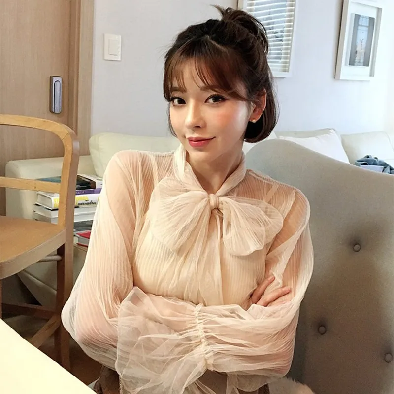 

Women Autumn 2019 Long Sleeve Shirts Fashion Lace Bow Perspective Shirt Korean Casual Petal Sleeve Solid Blouse Ladies Tops