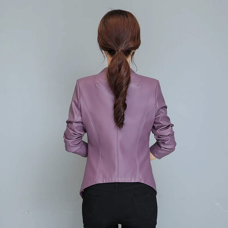 

Faux Leather Women Jacket Autumn Slim Single Button Pu Leather Jacket Short Biker Jackets Plus Size Women Coat Female Outwear