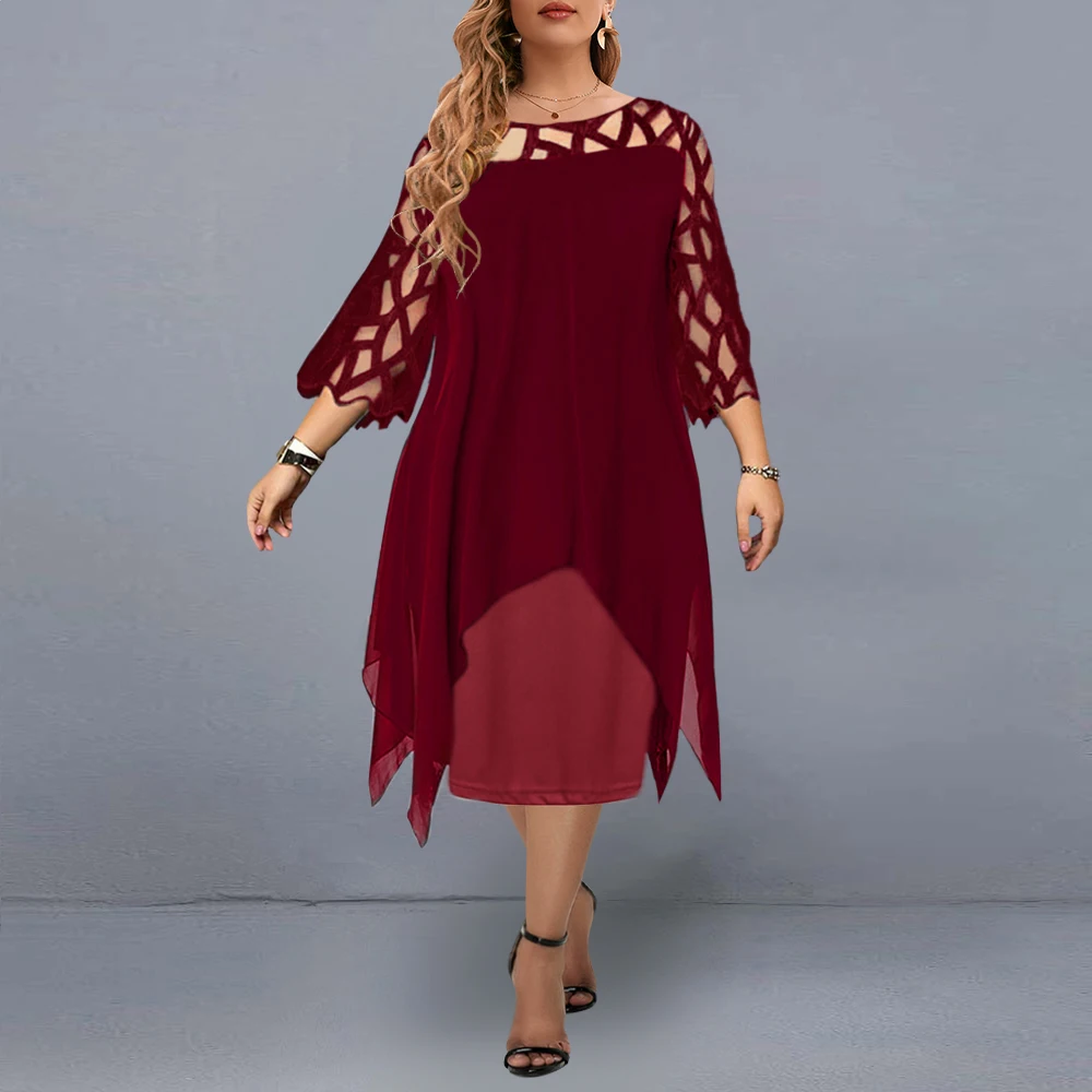 

Plus Size Dress Women Casual Midi Dress Elegant Mesh Evening Party Dress Ladies Wine Red Women's Clothing Wedding Club Outfits