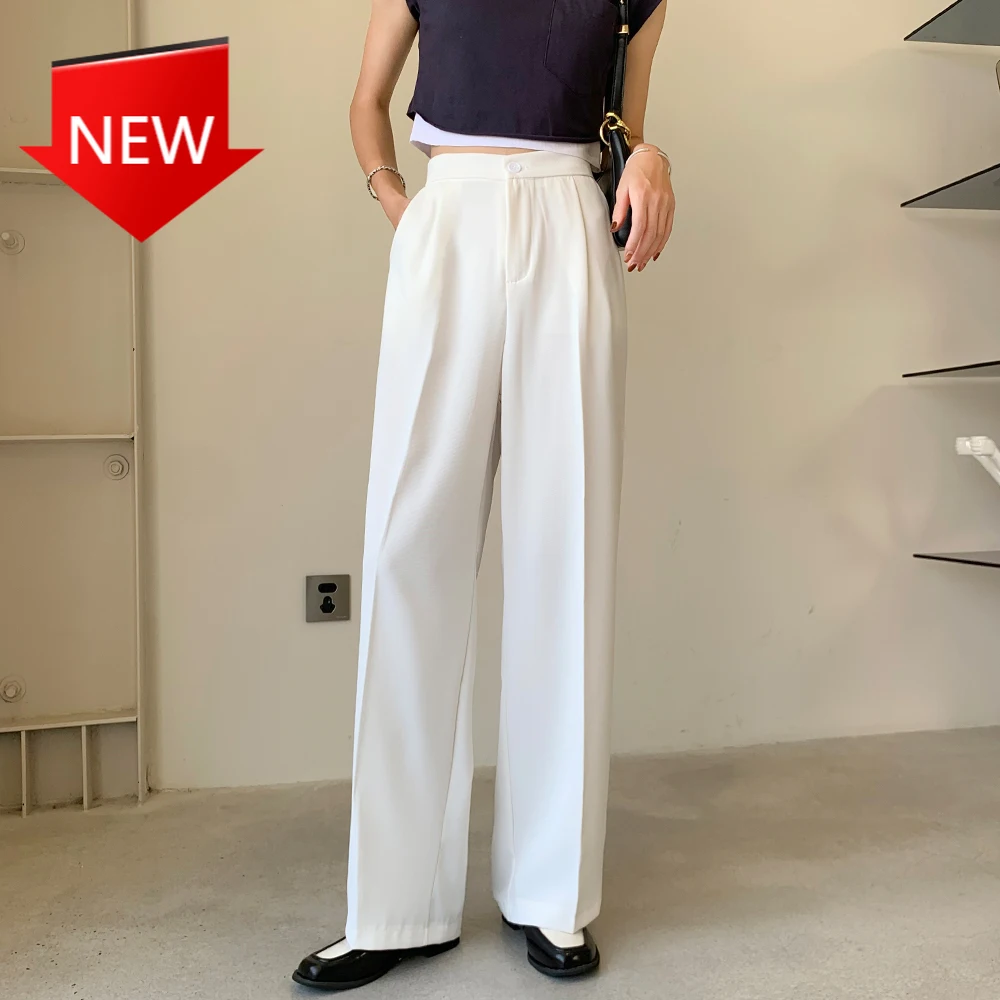 

Брюки женские прямые с широкими штанинами, офисные повседневные однотонные свободные штаны на пуговицах, с высокой талией, лето 2021