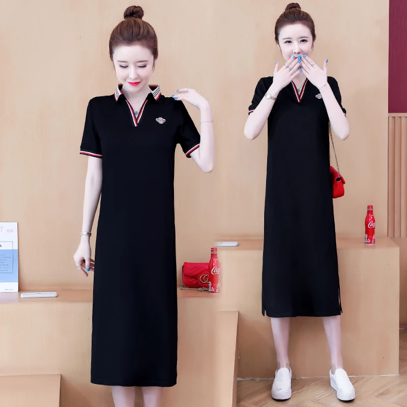 

2021 summer new POLO collar dress casual slimming over the knee split lapel temperament dress large size M-4XL