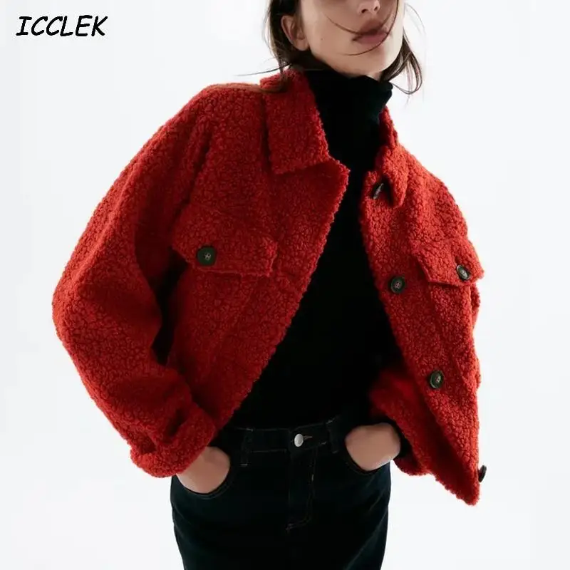 

Winter Coat Women Thicken Stand Turn-down Neck Outerwear Ladies Wind Fleece Teddy Red White Warm Jackets 2021 Wild Teddy Coats